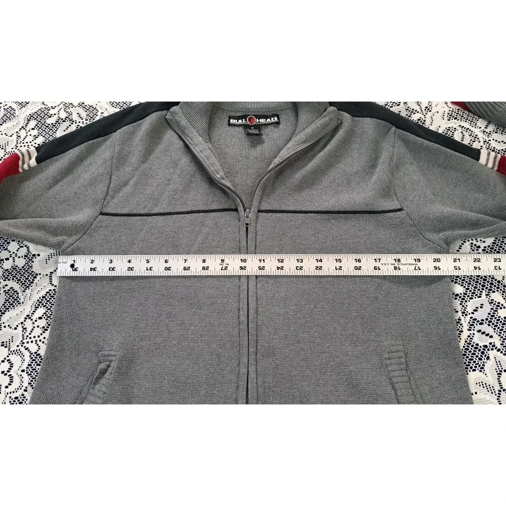 Bullhead Brand Men's Cardigan Size M Full Zip Gray Red Black Logo Pockets Preppy